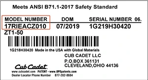 Esimerkki CUB CADET -laitteen tunnistetarrasta (Product Identification Label)