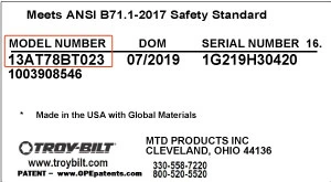 Esimerkki TROY-BILT-laitteen tunnistetarrasta (Product Identification Label)
