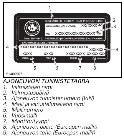 Ski-Doo ajoneuvon tunnistetarra – mistä löydän VIN:n ja mallikoodin