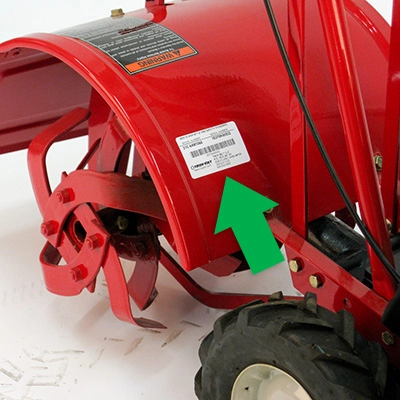 TROY-BILT jyrsimen/kultivaattorin tunnistetarran sijainti
