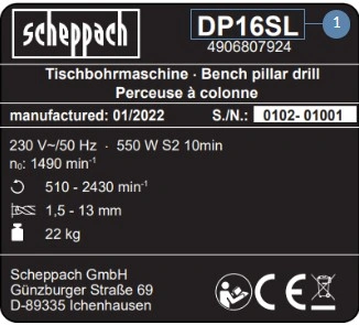 Scheppach: Mallinimi (Modellname) löytyy tyyppikilvestä