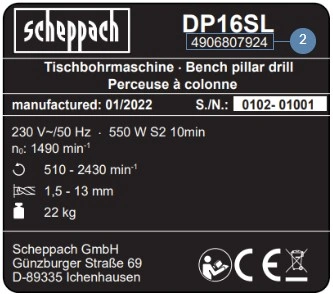 Scheppach: Tuotenumero / Product number (Artikelnummer) löytyy tyyppikilvestä