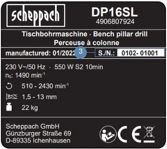 Scheppach: Sarjanumero (Seriennummer) löytyy tyyppikilvestä