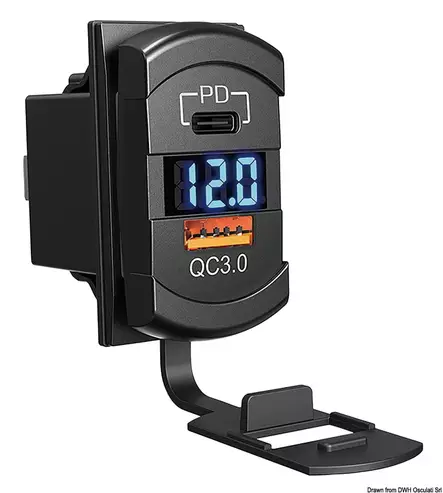 USB-A + USB-C paneelilaturi 12/24 V jännitenäytöllä - Veneen pistorasiat ja pistokkeet - M14-195-63 - 1