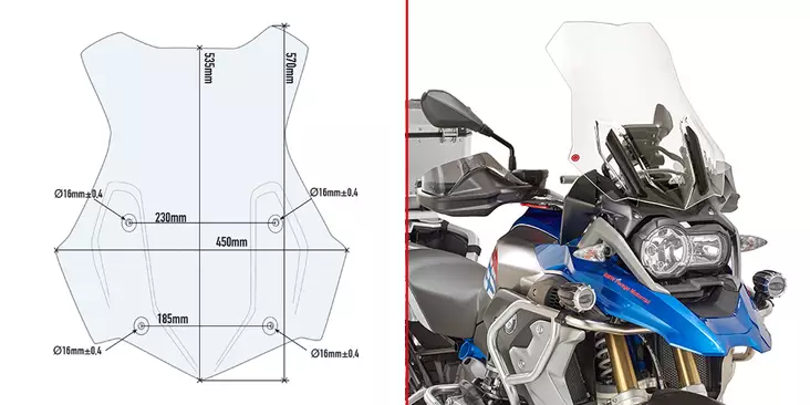 Givi Specific screen, transparent 43,5 x 43 cm (HxW) R1200GS/R1250GS 16-19 - Moottoripyörän katteet ja tuulenohjaimet - D332033 - 1