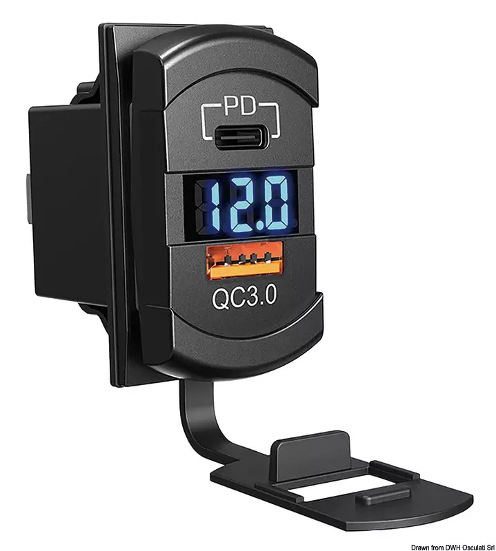 USB-A + USB-C paneelilaturi 12/24 V jännitenäytöllä - Veneen pistorasiat ja pistokkeet - M14-195-63 - 1