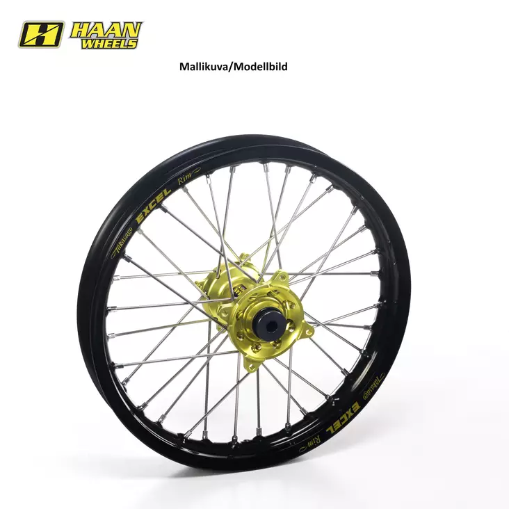 Haan wheel SX65 FRONT 02- 14-1,60 BLACK RIM/YELLOW HUB/BLACK SPOKES&NIPPLES - Moottoripyörän vanteet - D276078 - 1