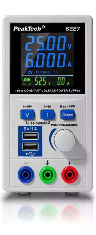 Digital power supply, 0 - 60 v/0 - 6 a 2 xusb, peaktech - Jännitekynät ja -koettimet - 503-P6227PEAK - 1