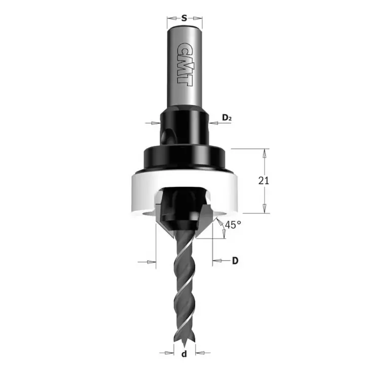 Drill bit with 45° countersink set 4,5/16mm s10 z2, cmt - Puunporaus - 503-521-4516-11ACM - 1