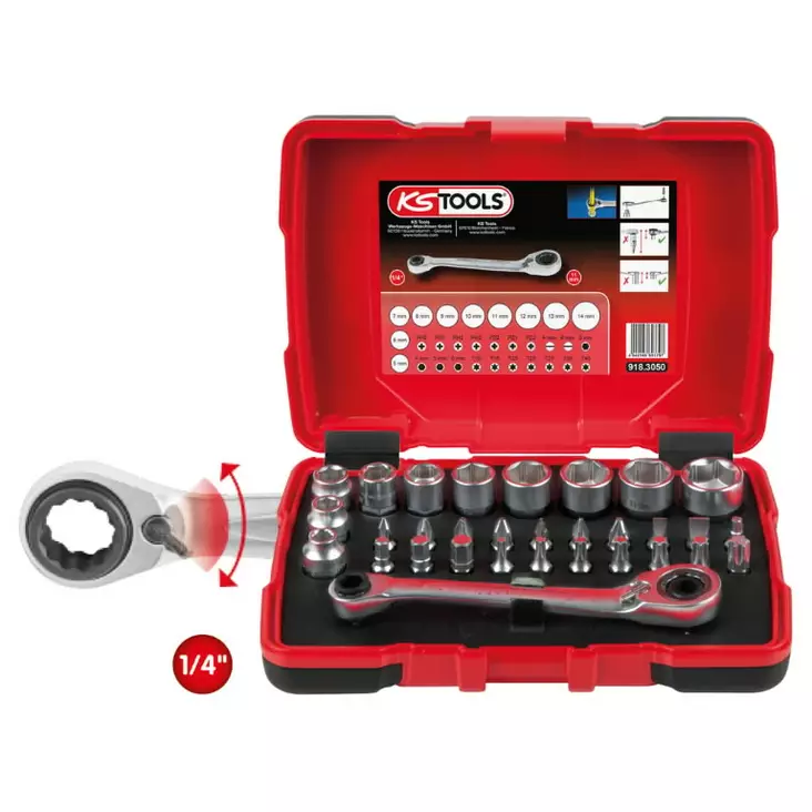 1/4´´ + 11 mm -läpivientihylsyavain- ja kärkisarja, 31-os, ks tools - Hylsysarjat - 503-918-3050KST - 1