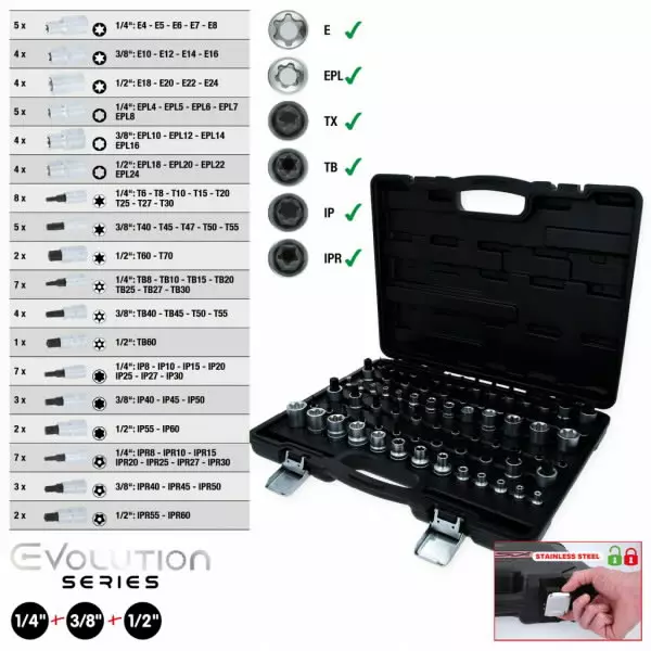 1/4´´+3/8´´+1/2´´ torx-socket set, 77 pcs, ks tools - Hylsysarjat - 503-911-0077KST - 1