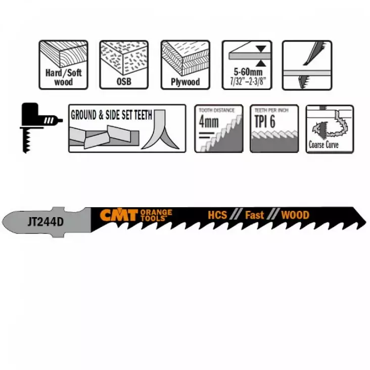 Pistosahanterä 75x4mm z6tpi hcs 5 kpl 75x4mm z6tpi, cmt - Pistosahanterät - 503-JT244D-5CMT - 1