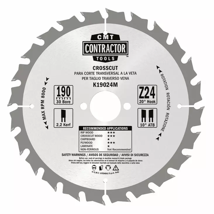 Sawblade for wood contractor® 190x2,2/1,4x30mm z24 ?=20° ?=10° atb, cmt - Pyörösahanterät - 503-K19024MCMT - 1
