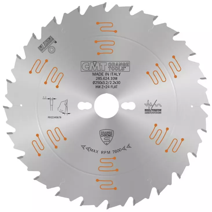 Saw blade for wood ripping orange chrome® hw 250x3,2/2,2x30 z24 a=10° b= flat, cmt - Pyörösahanterät - 503-285-624-10MCMT - 1